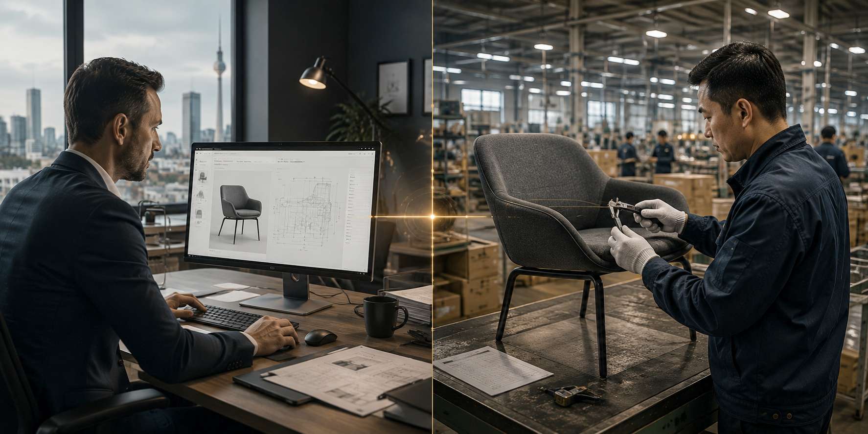 Links: Spezifikation am Bildschirm in Deutschland. Rechts: Prüfung in der Fabrik in China.